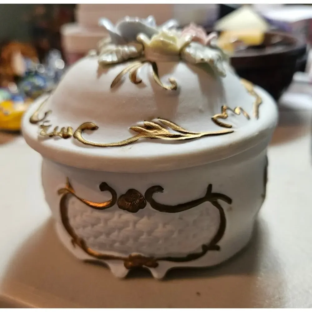 VTG Porcelain, Bisque Trinket Box Ornate Gold Scroll Porcelain Flower UCGC Korea
